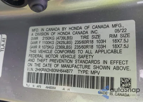 2022 Honda Cr-V Awd Ex-L z USA, uszkodzony, nr VIN 2HKRW2H80NH644877